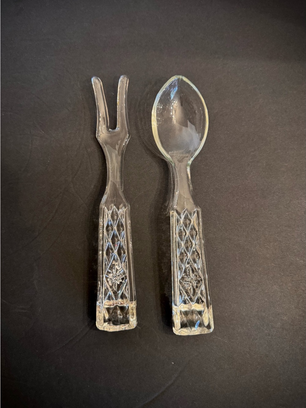 Vintage Anchor Hocking Crystal Glass Fork and Spoon Salad Serving Set 10 Inch